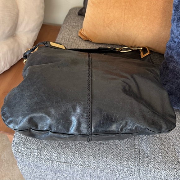 Badgley Mischka Black Leather Hobo Bag with Gold Accents - Picture 7 of 8